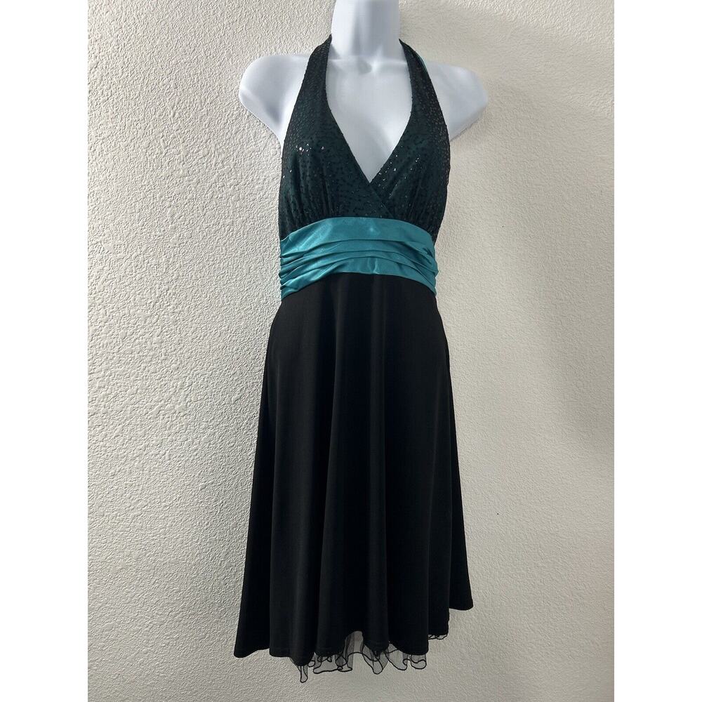 City Triangles‎ Womens Halter Dress Black Sequins & Turquoise Bow Size M Fairy